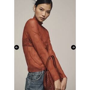 NWT Anthropologie Maeve Red Sheer Bow Lace Turtleneck Top Polka Dot - Size Small